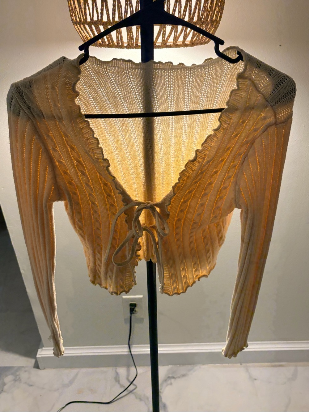 SHEIN Cream Ruffle Tie-Front Ribbed Cardigan - Picture 3 of 9